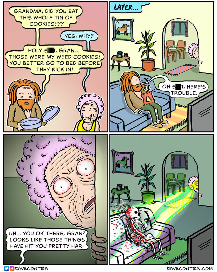 Darkly twisted comic by Dave Contra showing a grandma eating weed cookies and hallucinating in a humorous style.