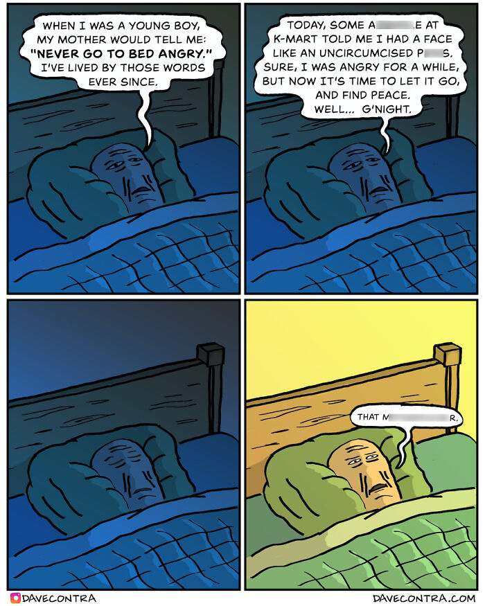 Darkly twisted comic panels by Dave Contra featuring a man in bed reflecting on anger and finding peace.