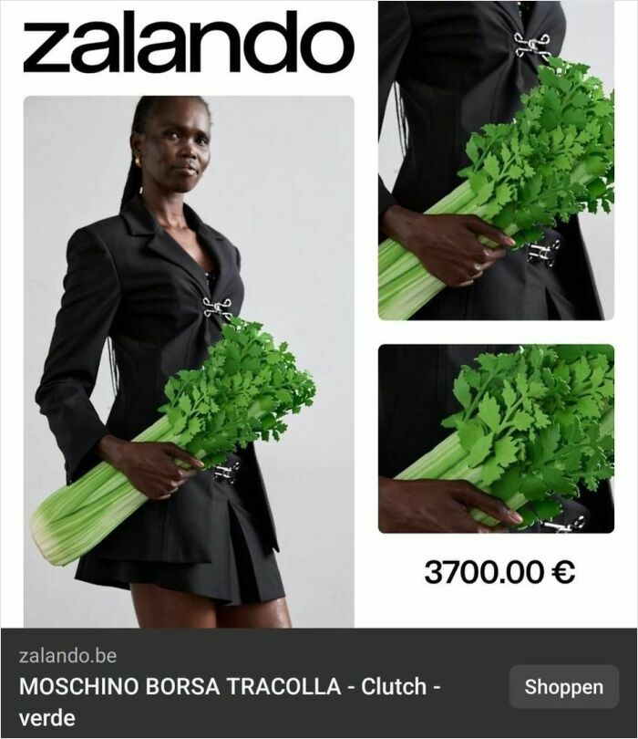 Model posing with unique green clutch resembling celery, wearing a stylish black outfit labeled as a fashion crime.