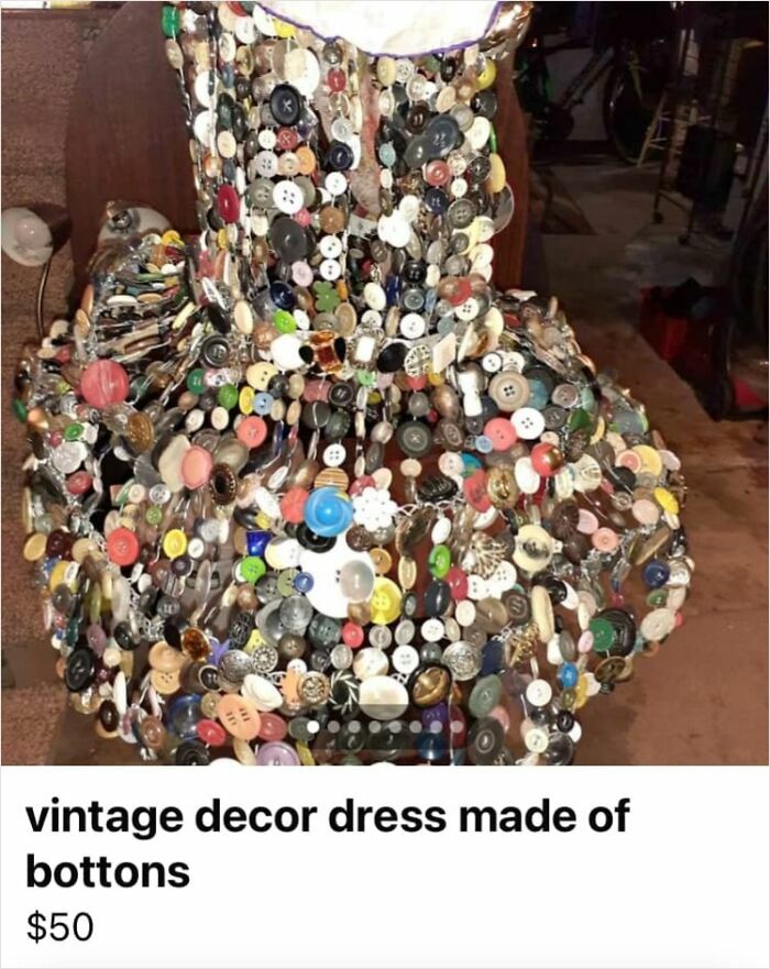 Dress made of colorful buttons displayed indoors as a quirky fashion piece.