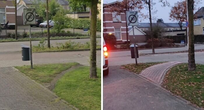 Path curved awkwardly around a speed limit sign and trash can, highlighting city planners' oversight.