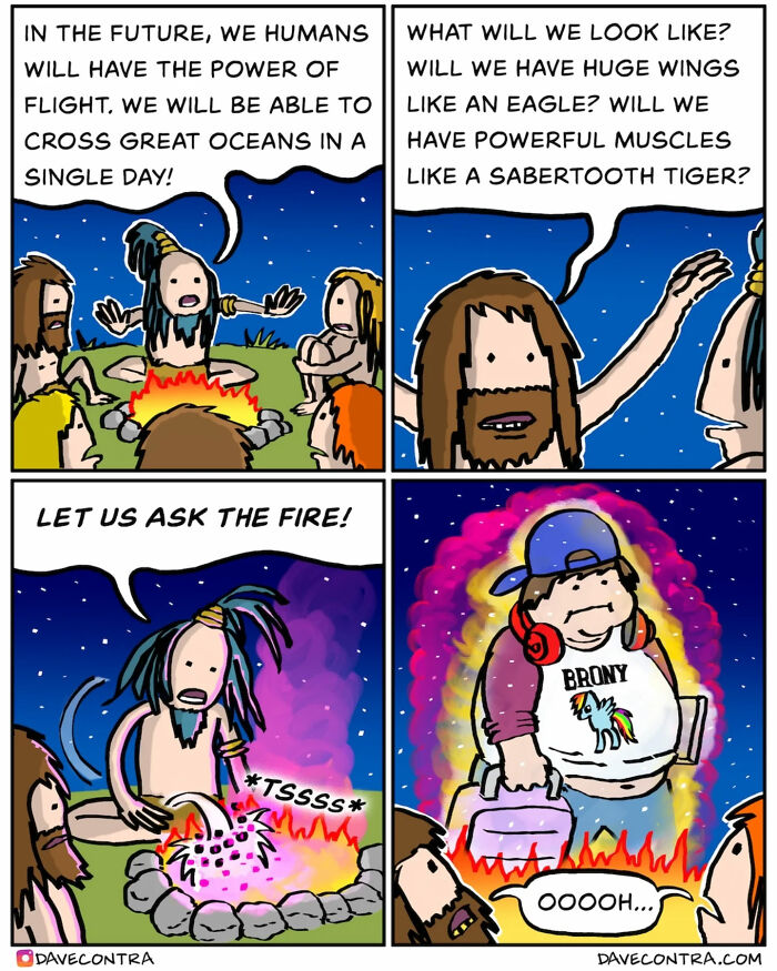 Darkly twisted comic by Dave Contra showing cavemen asking the fire about the future with a humorous modern twist.
