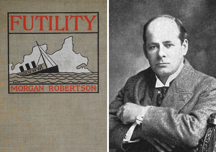Book cover of "Futility" and portrait of its author, associated with historical coincidences.