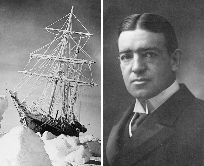 Historic coincidence: a ship trapped in ice next to a black-and-white portrait of a man in formal attire.