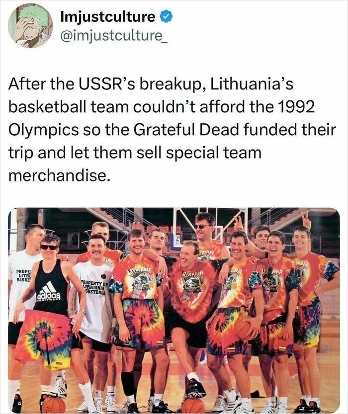 Lithuania basketball team in colorful outfits, funded by Grateful Dead for 1992 Olympics, holding basketballs, smiling.