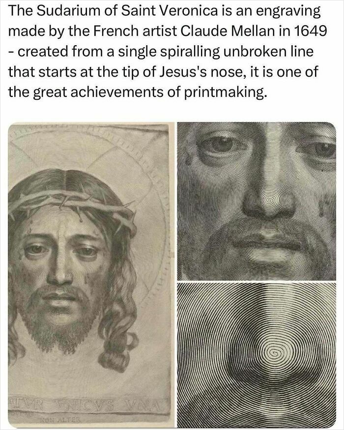 Engraving of Jesus by Claude Mellan, showcasing intricate line work, an interesting fact for Easter lunch conversation.