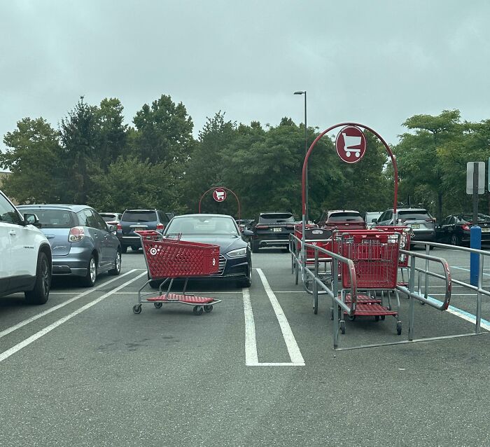 Shopping cart left in parking space, lacking basic etiquette.