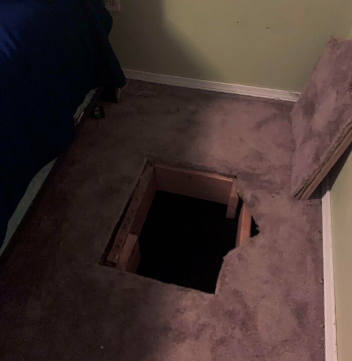 Hidden trapdoor found in carpeted floor, revealing creepy space under a home's floorboards.
