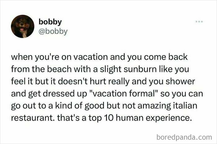 Twitter post about relatable vacation meme with sunburn and dining at an Italian restaurant.