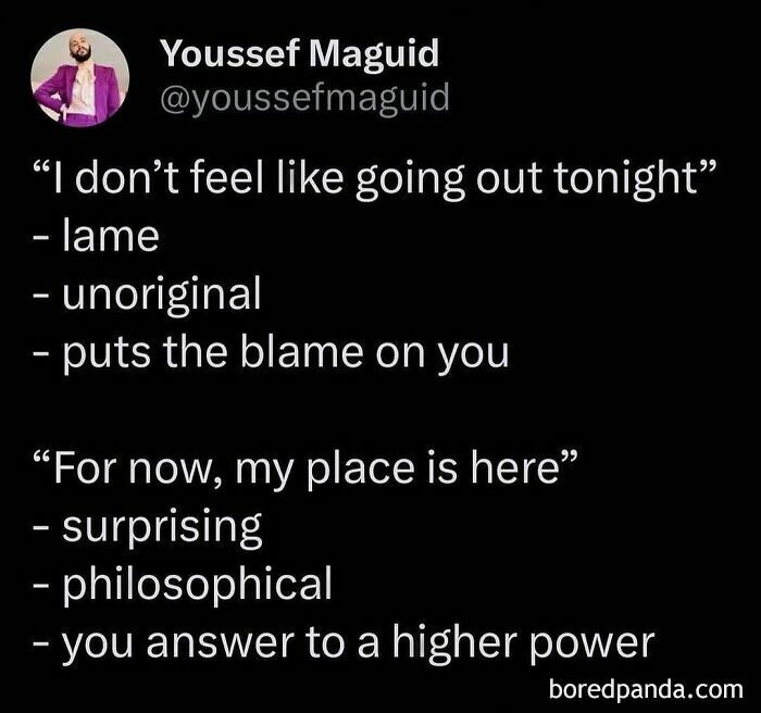 Anti-social meme comparing excuses for staying home.