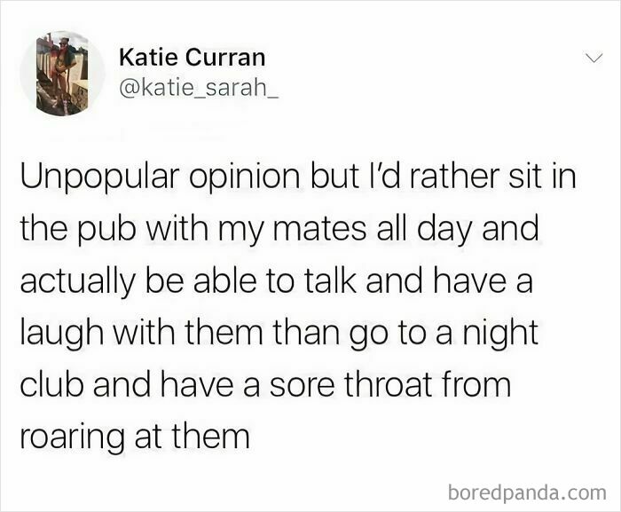 Tweet from Katie Curran sharing a funny meme about preferring a pub hangout over a nightclub, capturing growing up British.