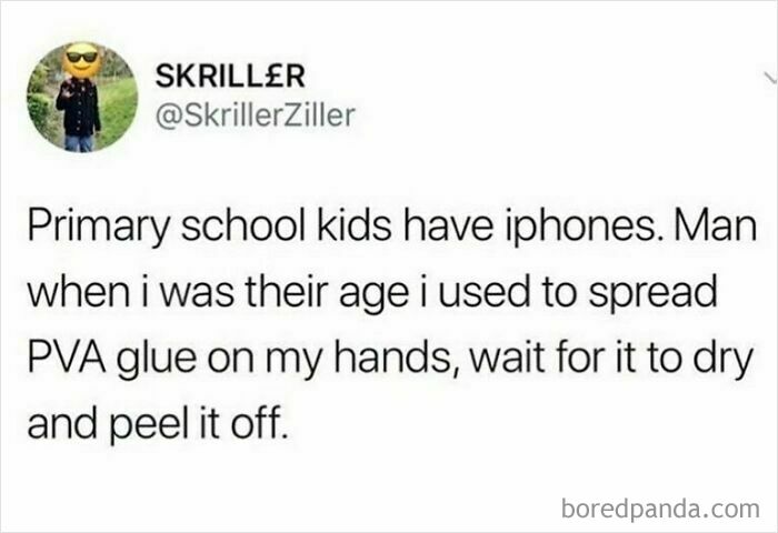 Tweet humorously contrasting British childhoods: kids with iPhones vs. peeling PVA glue off hands.