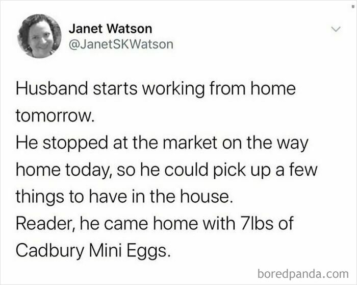 Funny meme about growing up British: buying 7lbs of Cadbury Mini Eggs for working from home shopping.