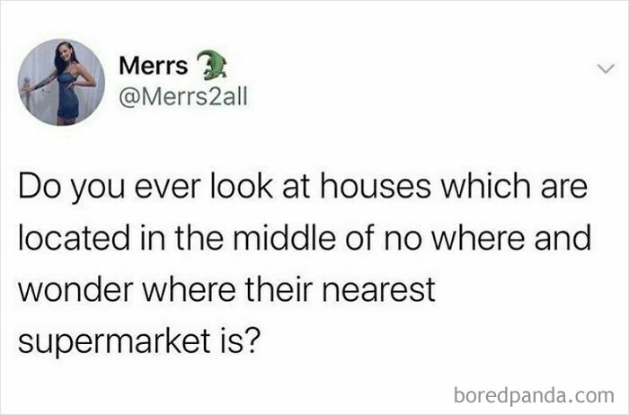 Tweet questioning where remote houses find their nearest supermarket, highlighting a funny "Growing Up British" observation.