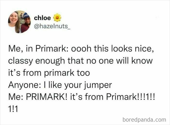 Text meme about shopping at Primark, highlighting a funny British moment when boasting about a bargain jumper.