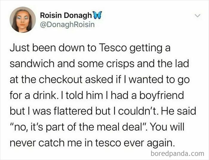 Tweet about a Tesco meal deal mix-up, capturing the essence of growing up British with humor.
