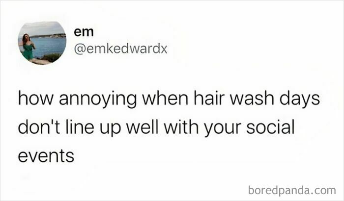 Funny meme about the struggles of hair wash days clashing with social events, capturing a relatable British experience.