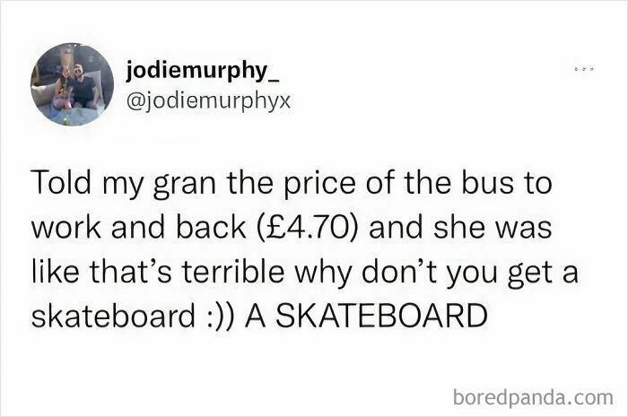 Funny meme about public transport costs in Britain, suggesting a skateboard as an alternative.