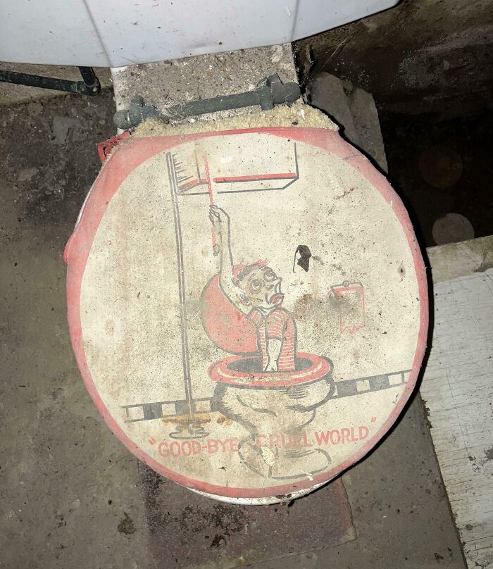 Tapa de inodoro vieja y sucia con dibujo extraño que causa miedo en personas tras mudarse a una casa nueva con sorpresa.