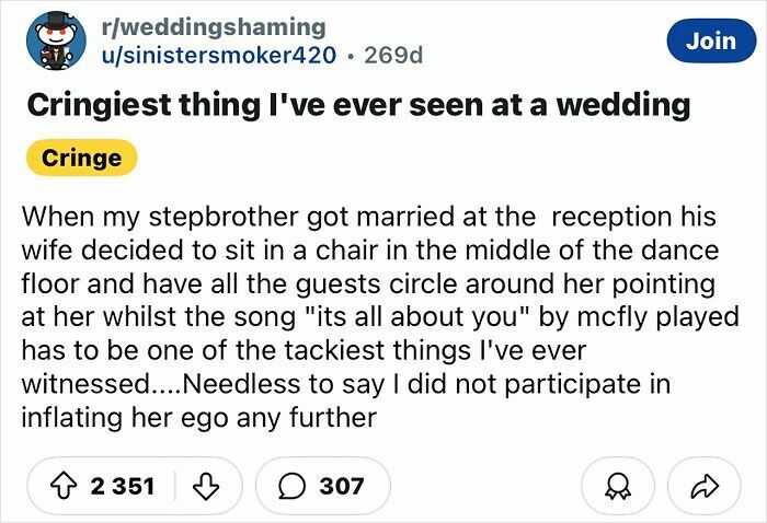 Text describing a tacky wedding story about a bride in a chair as guests circle her, labeled as "Cringe" on a social platform.