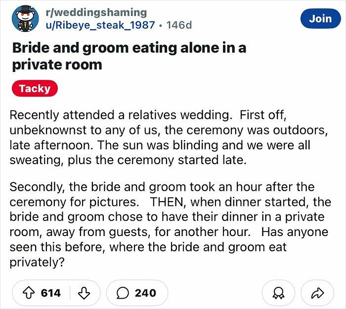 Tacky wedding post discussing bride and groom eating privately during reception, shared on a social media platform.