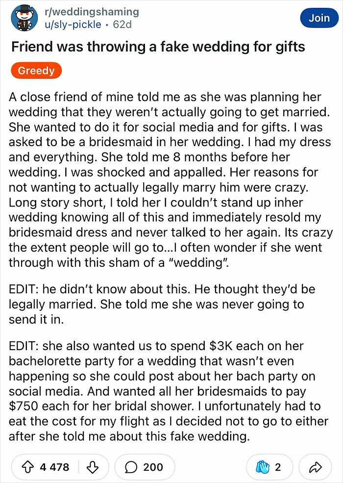 Post about a fake wedding for gifts, highlighting a tacky and chaotic plan shared on a wedding shaming forum.