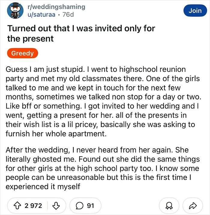 Reddit post about a tacky wedding invitation focused on gift expectations.