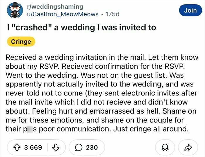 Post from r/weddingshaming describing a chaotic wedding mishap involving a mistaken invitation.