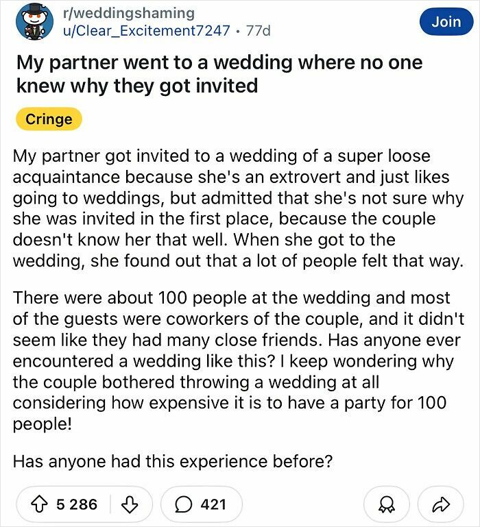 "Post about a chaotic wedding with 100 guests, few close friends, causing confusion about invite purposes."