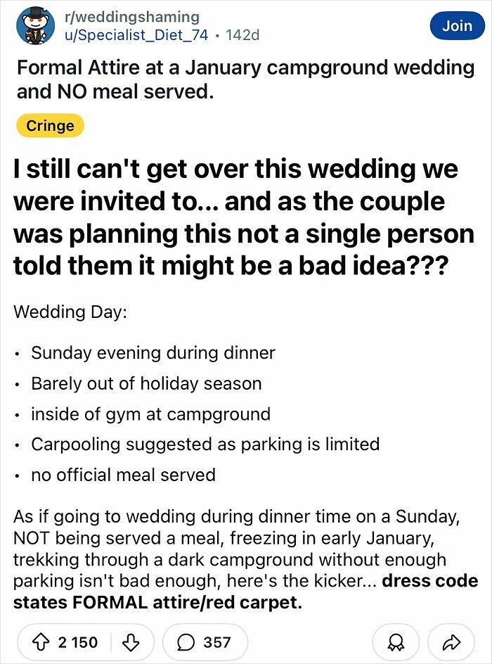 Screenshot of a post discussing a chaotic and tacky wedding, set in a campground with formal attire and no meal served.