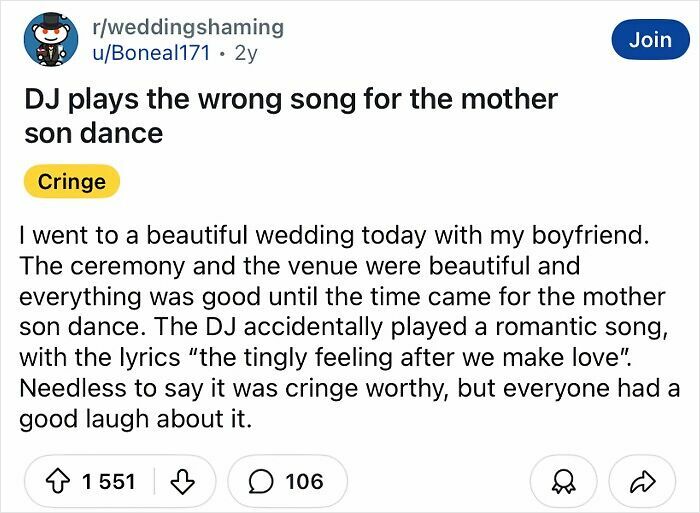 DJ error at wedding: wrong song for mother-son dance, causing cringe but laughter.