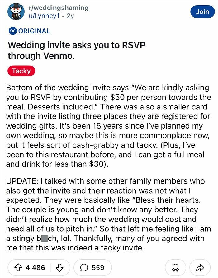 Tacky wedding invite asks for $50 RSVP via Venmo, causing surprise and debate about wedding etiquette.