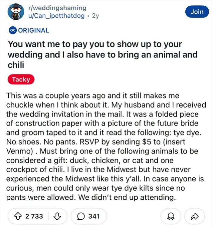 Wedding invitation with quirky requests: tie-dye attire, $5 RSVP, bring an animal gift or chili. Described as tacky event.