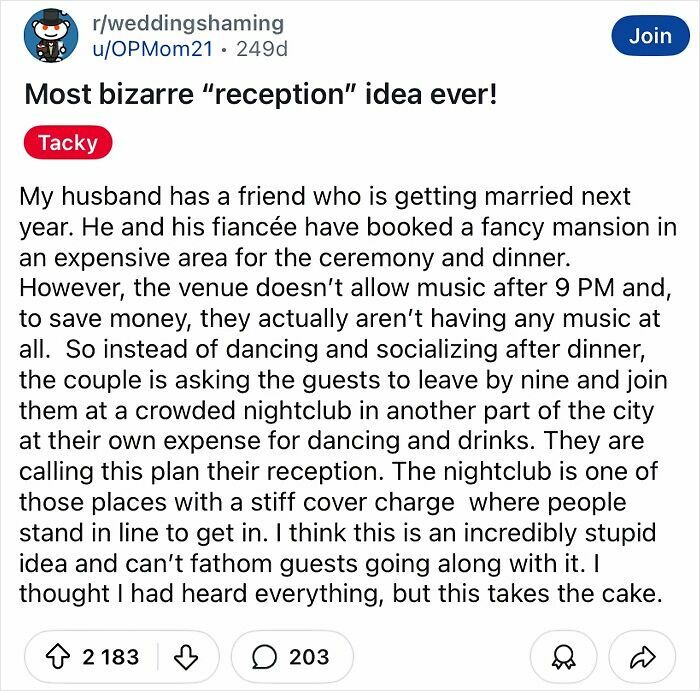Text post discussing a tacky and chaotic wedding reception idea involving guests going to a nightclub.