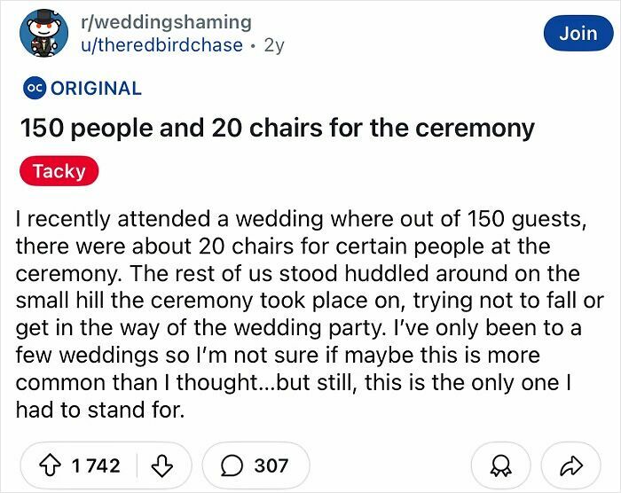 Tacky wedding post about 150 guests and only 20 chairs, with guests standing on a hill during the ceremony.