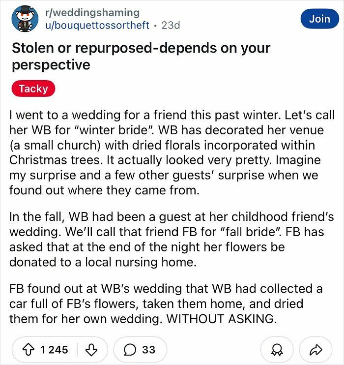 Text from a wedding-themed online post discussing a tacky and chaotic floral incident involving reused decorations.