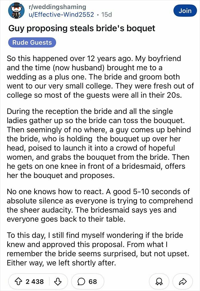 Rude wedding guest interrupts bouquet toss with unexpected proposal, causing chaos and surprise among attendees.