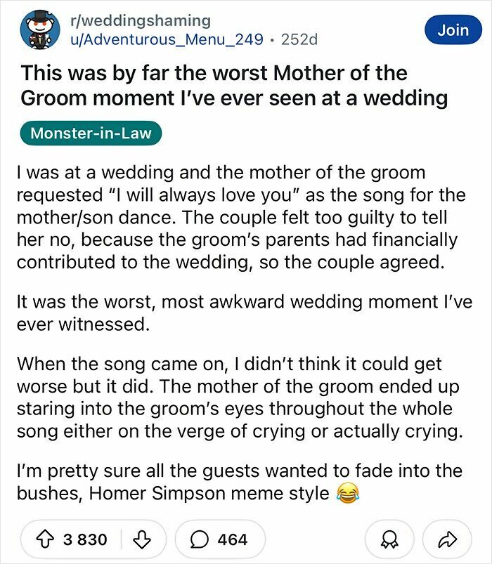 Text screenshot about a mother-in-law's awkward request at a chaotic wedding.