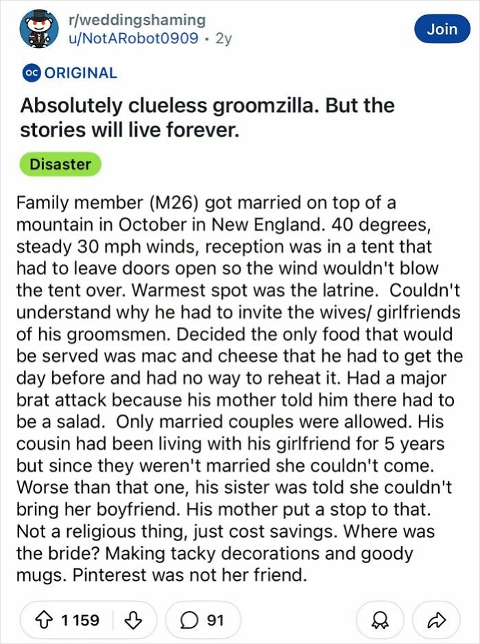 Tacky wedding post detailing a chaotic mountaintop ceremony with strict guest rules and unusual decorations.