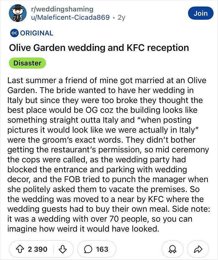Olive Garden wedding chaos described, highlighting a tacky and chaotic ceremony and reception at KFC.