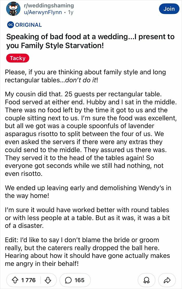 Post discussing tacky wedding with chaotic family-style food service issues.