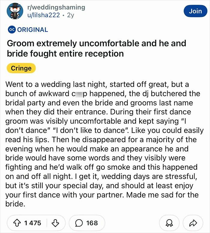 Groom uncomfortable at chaotic wedding, fights with bride, DJ mistakes, missing dance enjoyment.