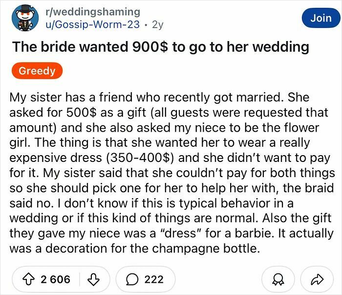 A Reddit post discussing a chaotic wedding with high costs and unreasonable demands.