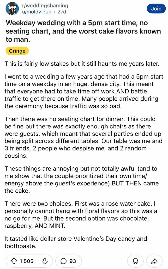 Tacky wedding story of chaotic event with no seating chart and bizarre cake flavors shared on a forum.