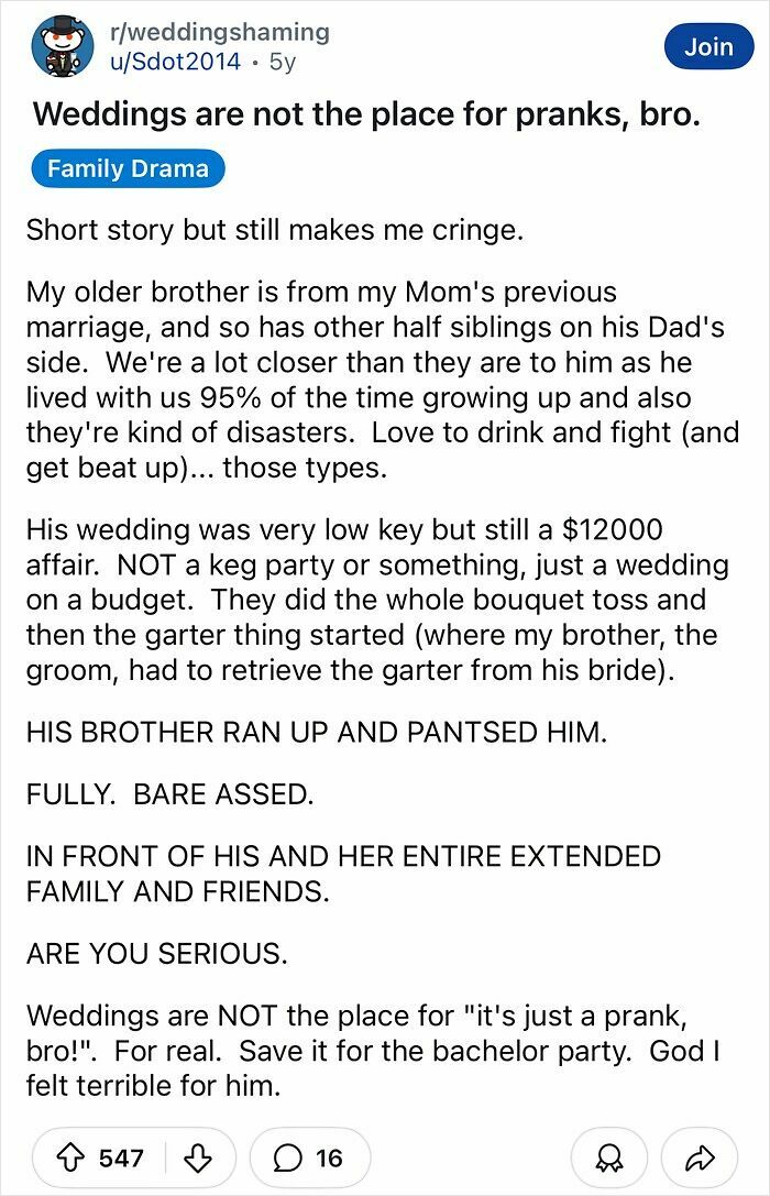 Reddit post about a tacky wedding prank involving the groom being pantsed during a garter ceremony.