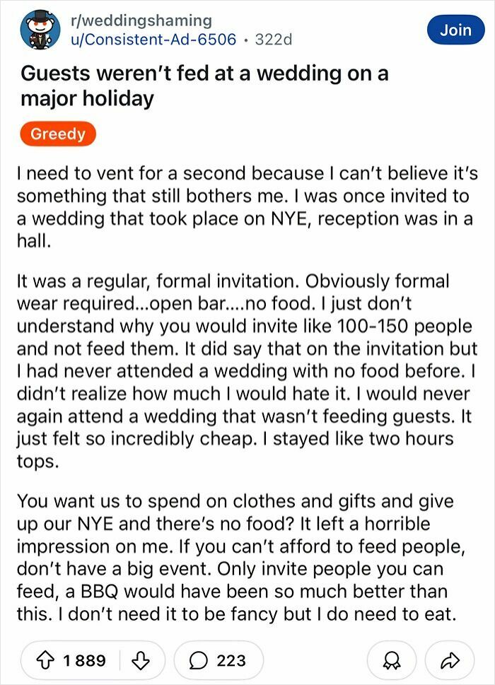 Text post about a chaotic wedding with no food for guests, shared on social media for wedding shaming.