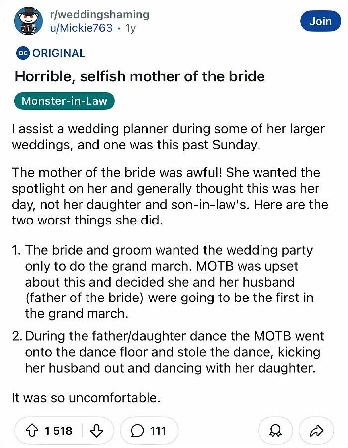 Text from a wedding forum recounting a chaotic wedding with a problematic mother of the bride.