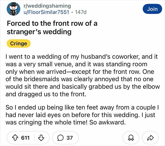 Text post on wedding shaming forum about a tacky and chaotic wedding experience.