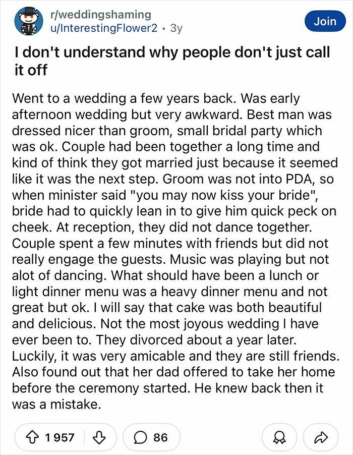 Text post about a tacky and chaotic wedding experience, describing awkward moments and an eventual divorce.