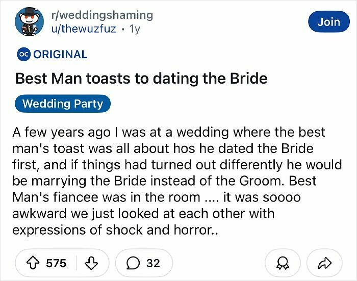 Best man gives awkward wedding toast about dating the bride, leaving guests shocked.